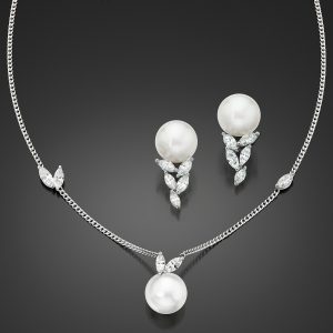 La Feuille South Sea Pearl and Diamond Necklace and Earrings