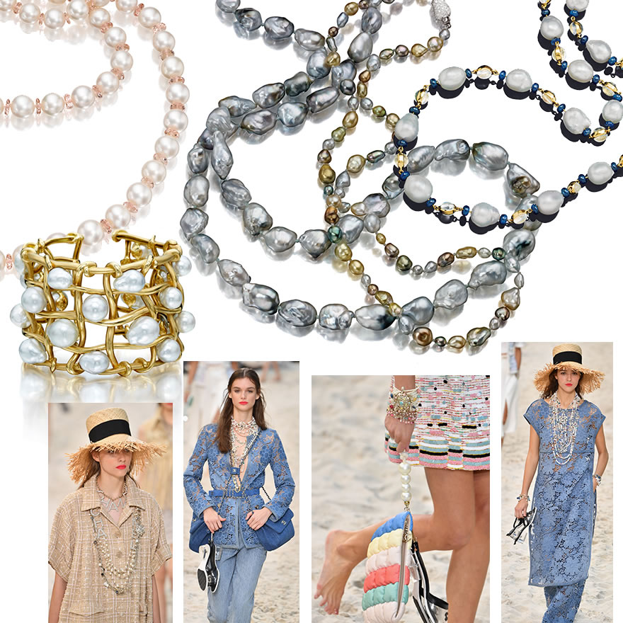 Clockwise from Left. All Jewelry by Assael: South Sea Pearl and Morganite Necklace; Keshi Fiji Pearl and Baroque Fiji Pearl Necklaces; Four Layered Looks, Chanel SS19; Treillage South Sea Keshi Pearl Cuff. Runway: Getty.