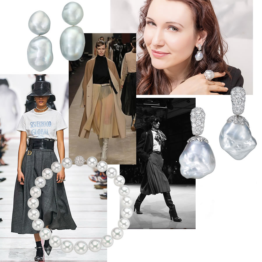 Clockwise from Upper Left: Assael South Sea Baroque Pearl Earrings; Fendi F/W19; Jewelry Influencer Katerina Perez in Assael South Sea Baroque Pearls, Photo Courtesy of katerinaperez.com; South Sea Baroque Pearl Earrings by Assael; Celine F/W19; South Sea Pearl Choker by Assael; Dior F/W19.