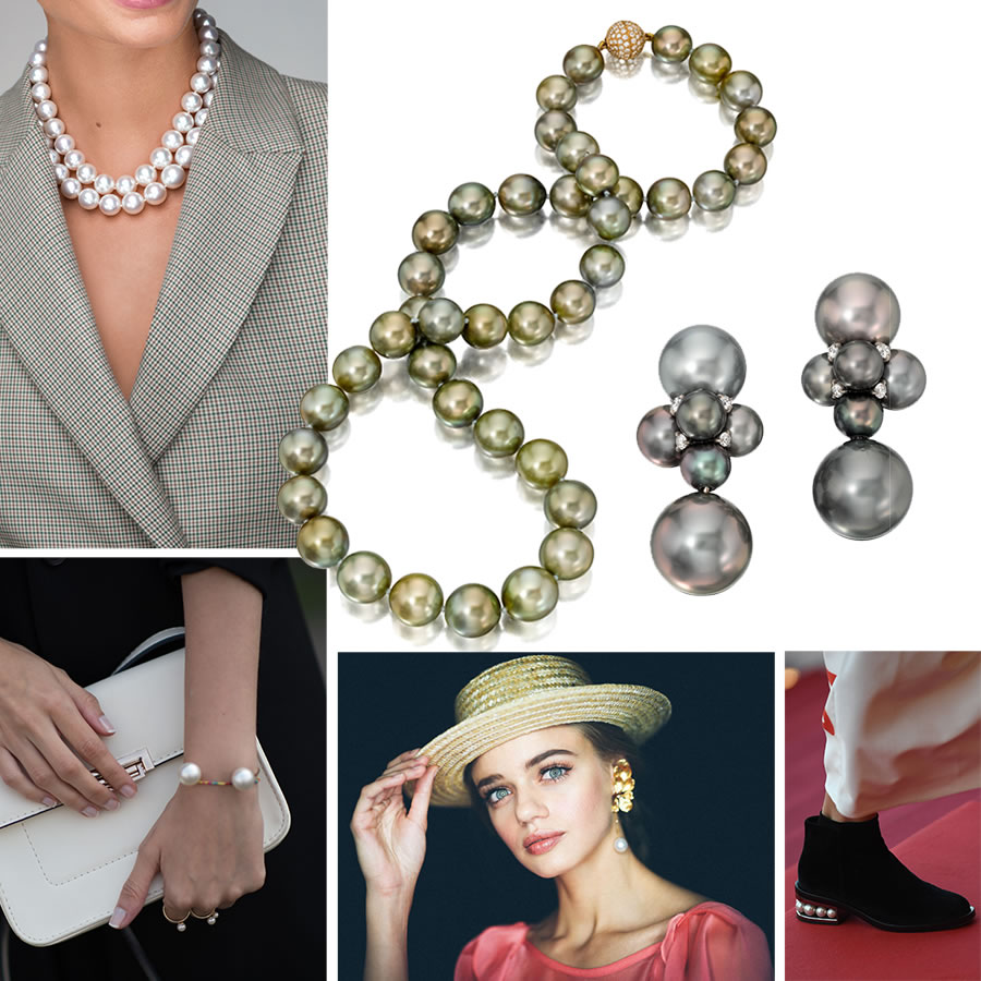 Clockwise L to R - Assael Double Row South Sea Pearl choker necklace, ASSAEL Near Round Fijian Natural Color Cultured Pearl Necklace, Tahitian Bubble Earrings with Diamond Accents by Sean Gilson for Assael , Pearl Boots from Red Carpet Arrivals Cannes Film Festival, Berlin Fashion Week S/S 2019, Street Style MBFWI S/S