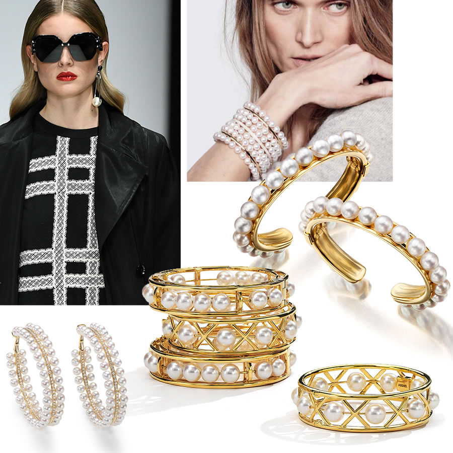 Clockwise L to R – Riani Berlin Fashion Week Winter 2019, ASSAEL stacked pearl bracelets, ASSAEL Contemporary Cuff Bracelets, ASSAEL Abacus and XO Bangles, ASSAEL Forever Hoop Earrings