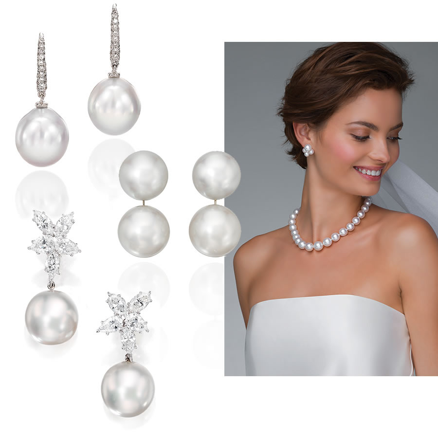 Assael Classic South Sea Pearl Pave Hook Earrings, Assael 4 Pearl South Sea Pearl Earrings, Assael South Sea Pearl Earrings with Diamond Florets