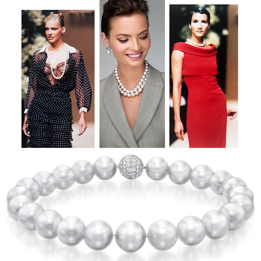 Oscar De La Renta for Balmain, two Assael South Sea cultured pearl necklaces worn together, Assael Classic South Sea pearl necklace