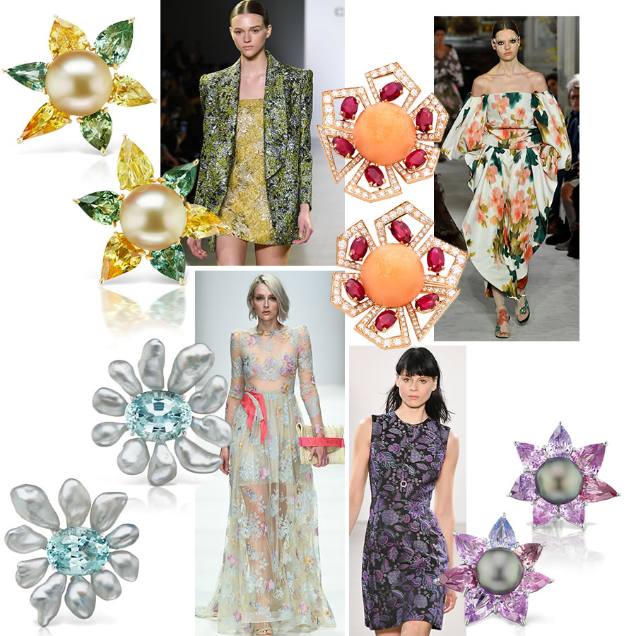 Clockwise from top left – First Earring, first fashion, Assael “Melo Passion” Natural Pearl, Ruby and Diamond Earrings, Assael Pink Sapphire and Tahitian Pearl Earrings, next fashion, next fashion, Assael Keshi Fiji Pearl and Aquamarine Earrings