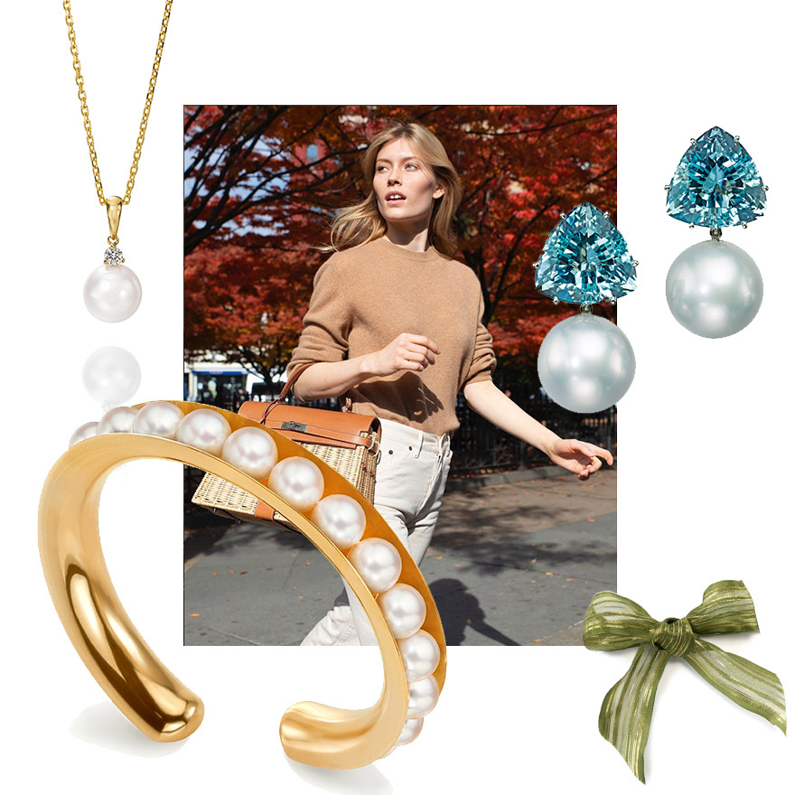 Essentials Akoya "Beth" Pendant Necklace, Hermés Wicker Handbag as Featured on ModaOperandi, Assael South Sea Pearl and Trillion Aquamarine Earrings, Award-Winning "Flex" Bangle by Sean Gilson for Assael