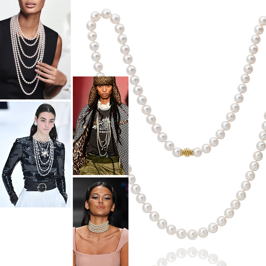 Clockwise from Upper left – Akoya Pearl Strands at Neiman Marcus, R13 Runway NYFW, Assael Akoya Essentials Opera Length Pearl Necklace 36”, Kya Swim Runway, Chanel F/W 2019/2020,