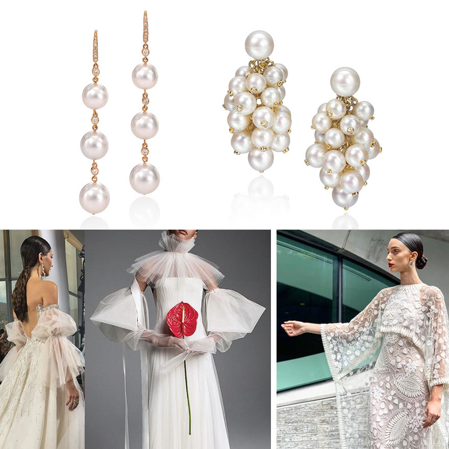 Top: Assael Triple Drop South Sea Pearl Earrings; Assael Cascade Akoya Pearl Earrings. Bottom: Gowns @inesdisanto, @houseofskhy, @naheemkhannyc.