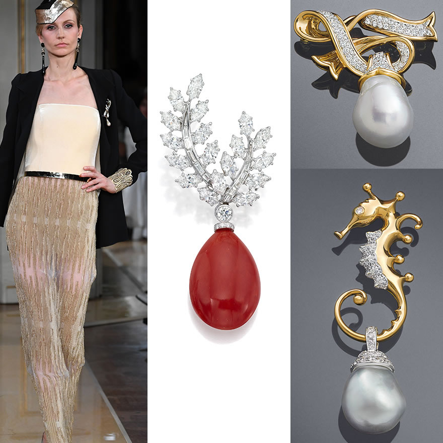 L to R: Giorgio Armani Privé, F/W18-19; Assael Gem Sardinian Coral and Diamond Leaf Brooch; Ribbon Brooch and Seahorse Brooch by Designer Angela Cummings for Assael.