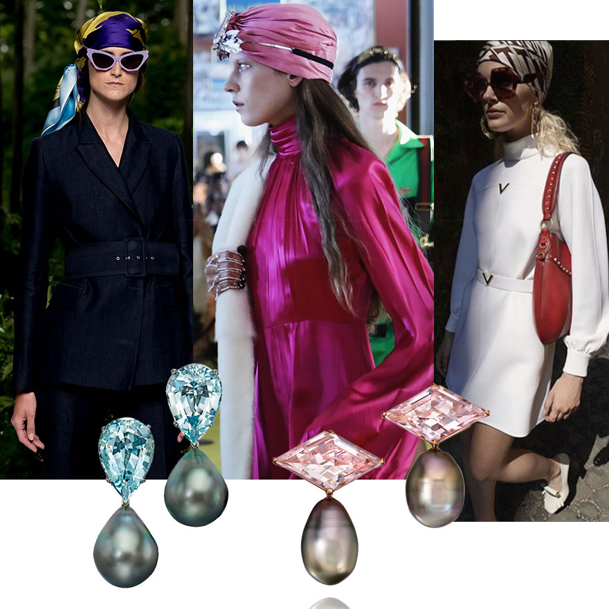 L to R: Jorge Vazquez, F/W18-19; Assael Tahitian Pearl and Aquamarine Earrings; Gucci Cruise, 2018; Assael Tahitian Pearl and Morganite Earrings; Valentino, Cruise 2018.