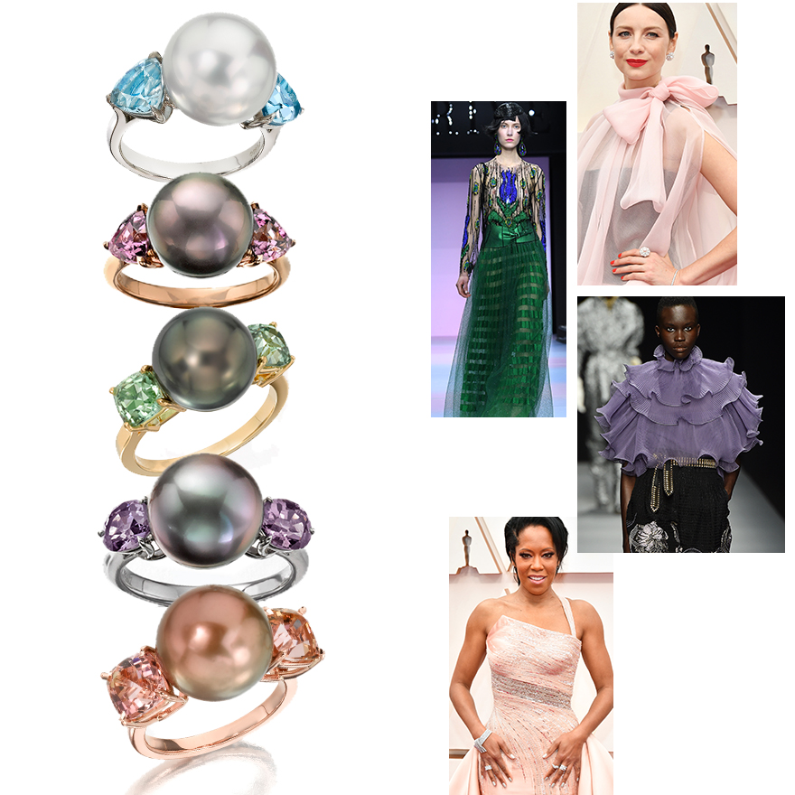 Clockwise from Upper Right – Giorgio Armani Prive S/S 2020, Catriona Balfe at the 2020 Oscars, Alberta Ferretti A/W 2020-2021, Regina King at the 2020 Oscars, Assael Tahitian Pearl and Bicolor Tourmaline Ring, Assael Tahitian Pearl and Spinel Ring, Assael Tahitian Pearl and Barion Cut Green Garnet Ring, Assael Tahitian Pearl and Spinel Ring, Assael South Sea Pearl and Trillion Aquamarine Ring 