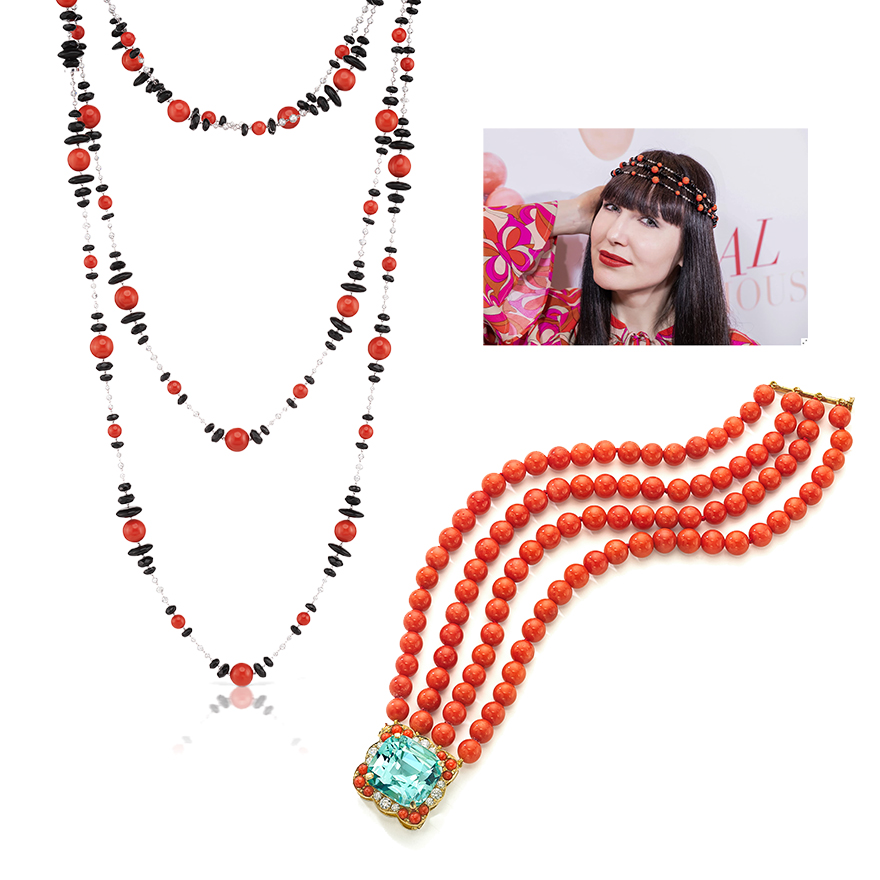 Transforming jewelry, showcased here as a headband, can be converted to a bracelet or necklace.