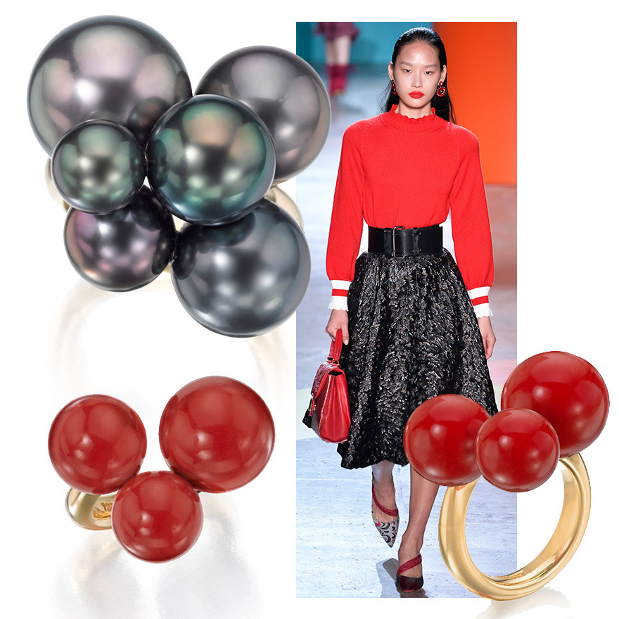 Sardinian Coral and Tahitian Bubble Pearl Rings