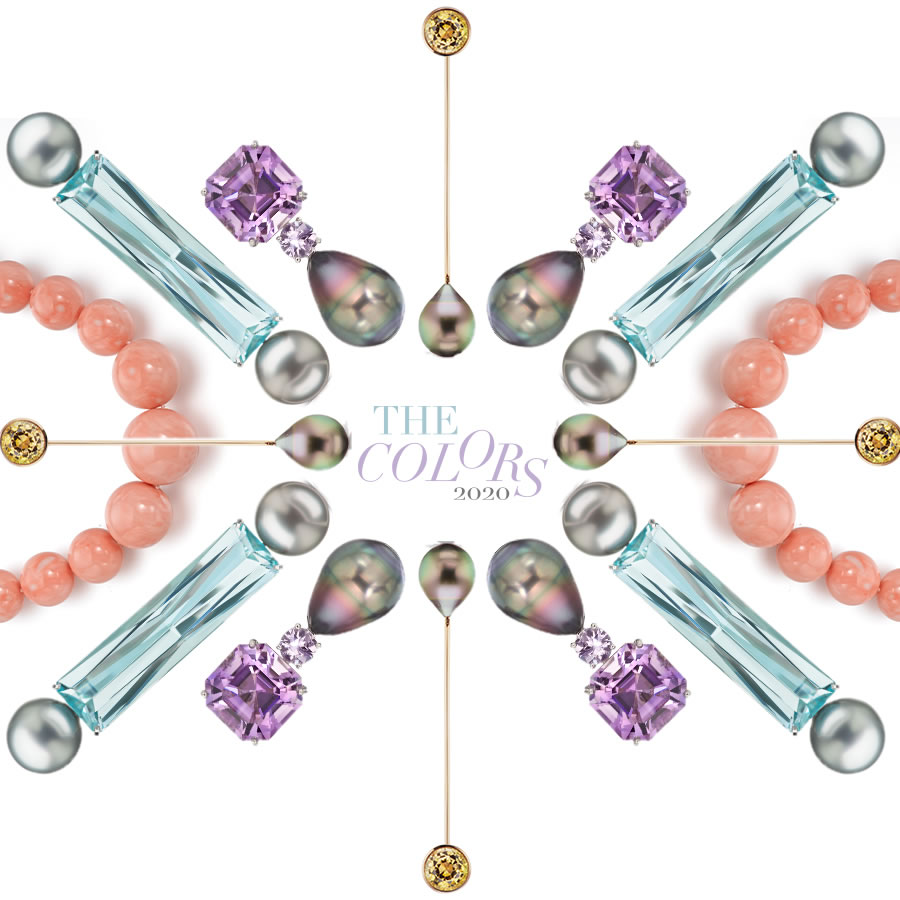Assael Power Pearls, Tahitian Pearl And Amethyst Drop Earrings, Angel Skin Coral Necklace, Tahitian Pearl and Aquamarine Earrings.
