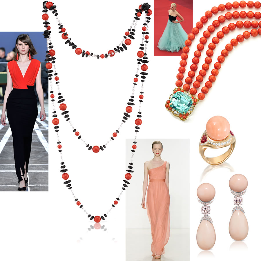 Pictures of Carla Zampatti Australia Fashion Week 2019, Assael Multi-Strand Sardinian Precious Coral, Black Onyx and White Briolette Diamonds Necklace, “La Belle Epoque” Premiere Cannes Film Festival 2019, Assael Angel Skin Coral, Diamond, Red Spinel Cocktail Ring, Assael Angel Skin Coral and Diamond Drop Earrings 