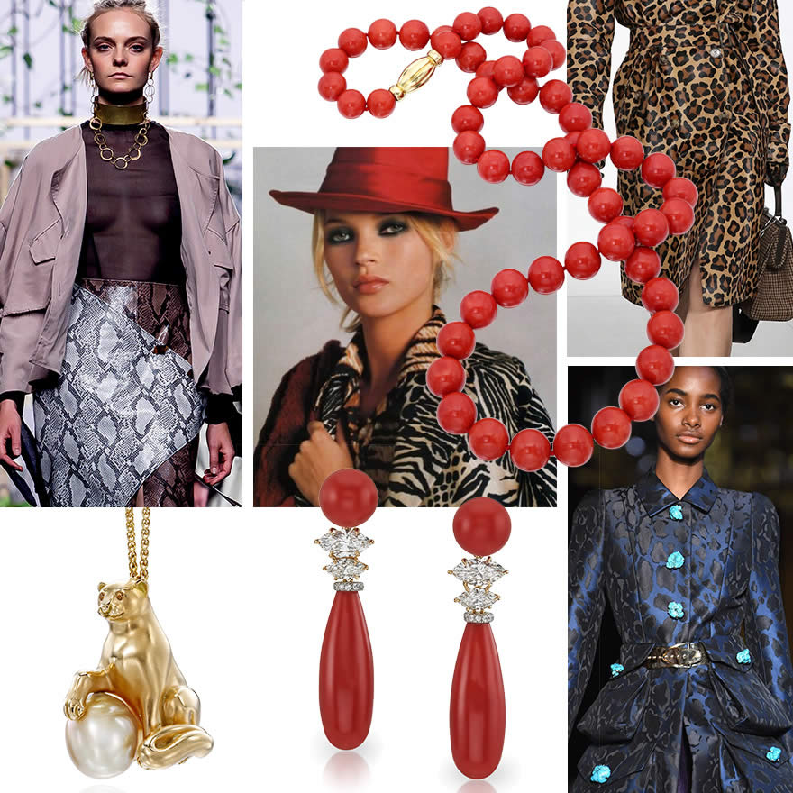 Clockwise from Top Left: Inunez FW18; Kate Moss @bloystglobal on Instagram; Assael Sardinian Coral 32.5” Necklace; Michael Kors FW18; Schiaparelli FW18; Assael Sanguine Dream Earrings in Sardinian Coral; Necklace by Julie Parker for Assael.