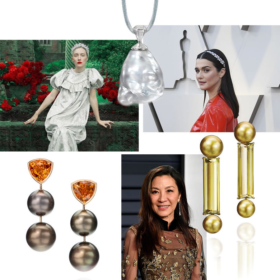 Tahitian and Fiji Pearl Earrings with Mandarin Garnet, FIJI PEARL AND GOLDEN GREEN BERYL EARRINGS and South Sea Baroque Pearl on Silk Cord