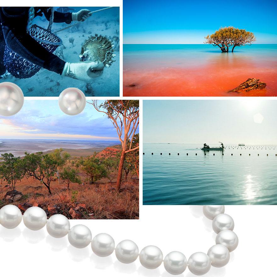 Clockwise from upper left – a Paspaley pearl diver collecting wild oysters, photo courtesy of Paspaley / Crab Creek in Broome, Australia ‘where the red dirt meets the sea’ / Paspaley pearl farm near NSW Australia, photo courtesy of Paspaley / Assael South Sea Pearl strand / View from Five Rivers Lookout Western Australia, Assael South Sea Single Pearls 