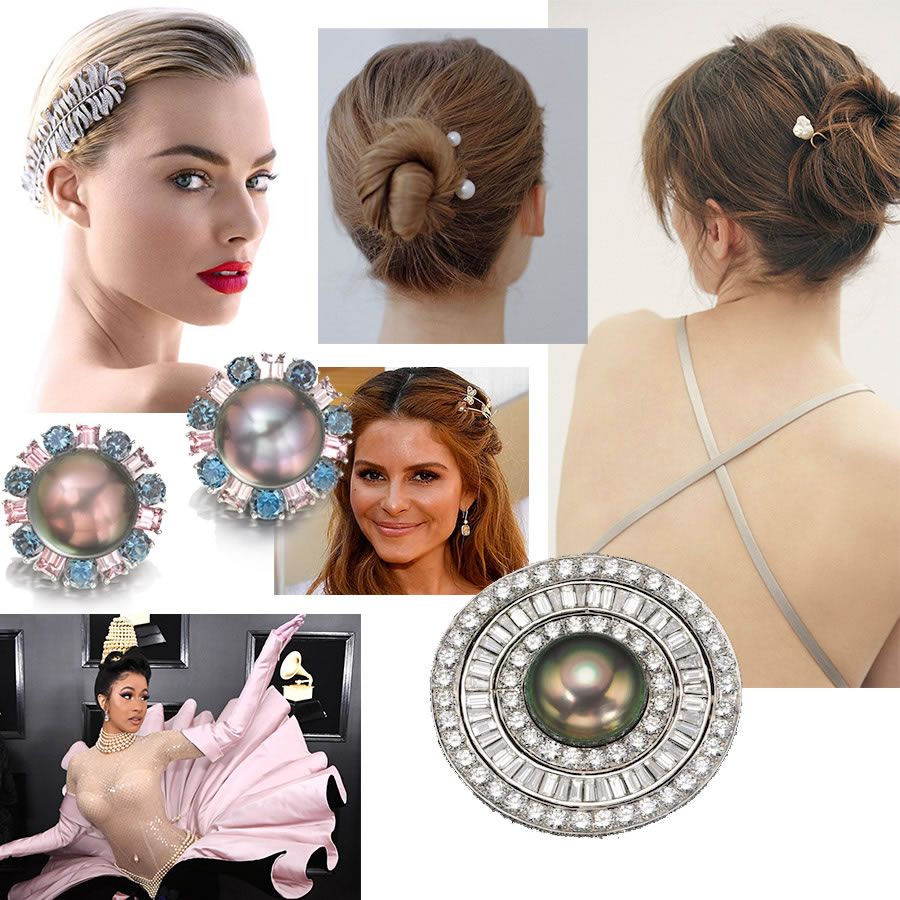 Clockwise from Top Left: Margot Robbie @margotrobbie. Designer Hair Pearls (2 Photos) @modaoperandi. Assael Diamond and Tahitian Pearl Brooch. Cardi B in Vintage Thierry Mugler at the 2019 Grammys. Assael Tahitian Pearl and Garnet Earrings. Center: ABC Red Carpet Host Maria Menounos at the 2019 Academy Awards.