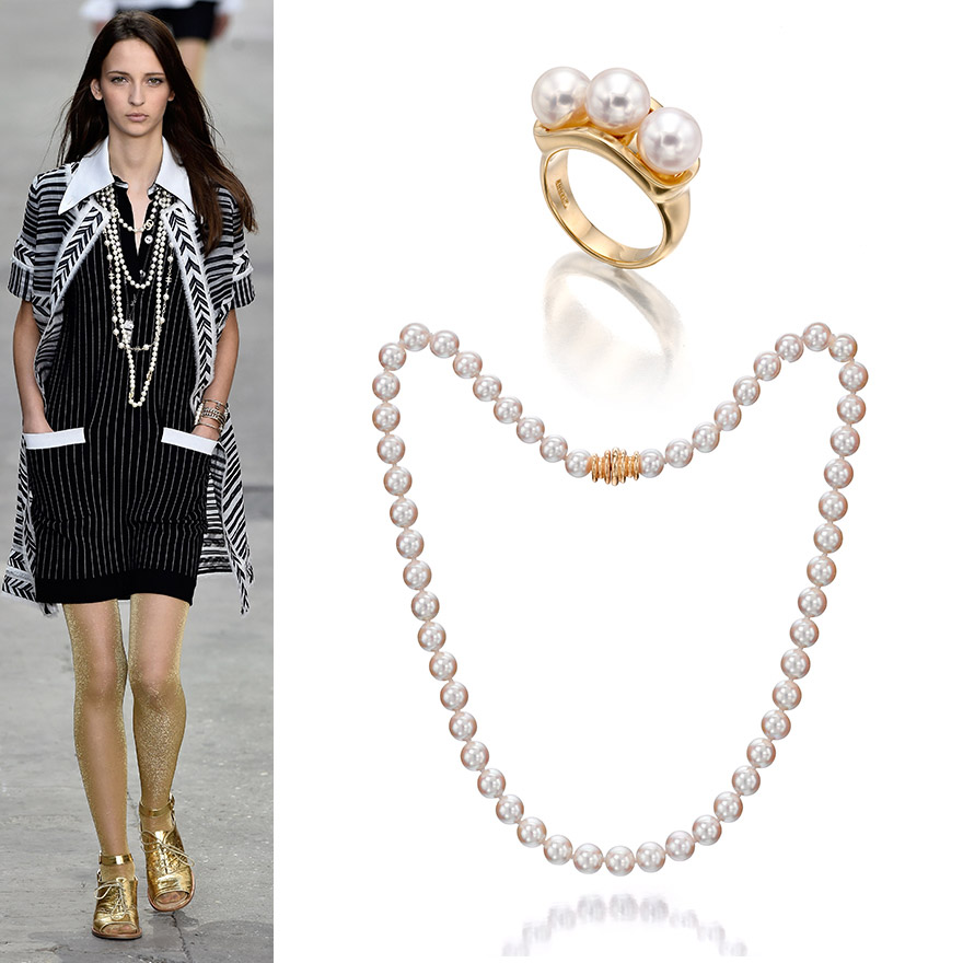 The Layered Look at Chanel; Assael Trilogy Akoya Pearl Ring; Assael Essentials Collection Akoya Pearl Necklace.