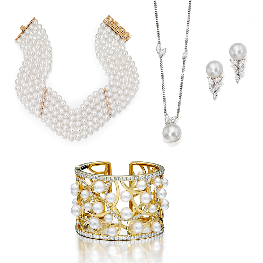 Necklace:  Five-Strand Akoya Pearl Choker Necklace with 18K gold  and Diamond clasp.  Pendant & Earrings: La Feuille pendant and matching earrings featuring South Sea pearls on a Platinum Chain with accent diamonds.  “Circles” Akoya Pearl & Diamond Cuff