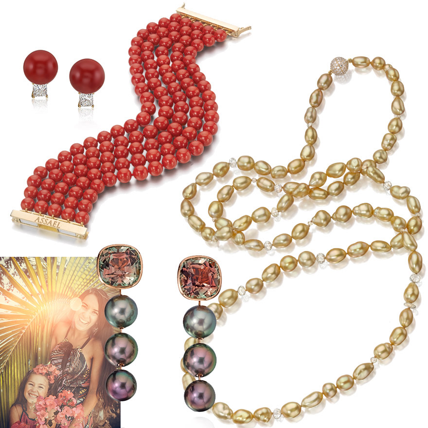 Fire on Ice earrings, Natural Sardinian Coral Five Row Bracelet, Golden Keshi Pearl and Diamond Rope Necklace, Fiji Pearl and Bi Color Tourmaline Earrings