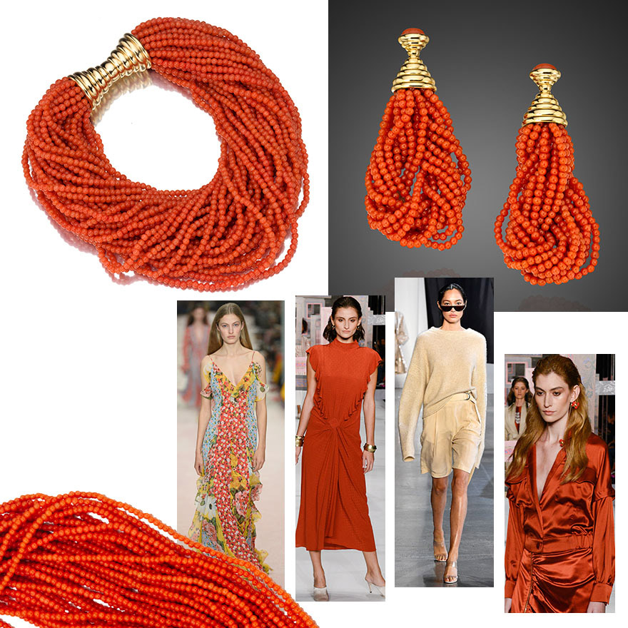 Clockwise from Top Left: Assael Corallia Necklace and Earrings for Neiman Marcus; Mehtap Elaidi SS19; Sally LaPointe SS19; Mehtap Elaidi SS19; Carolina Herrera SS19.