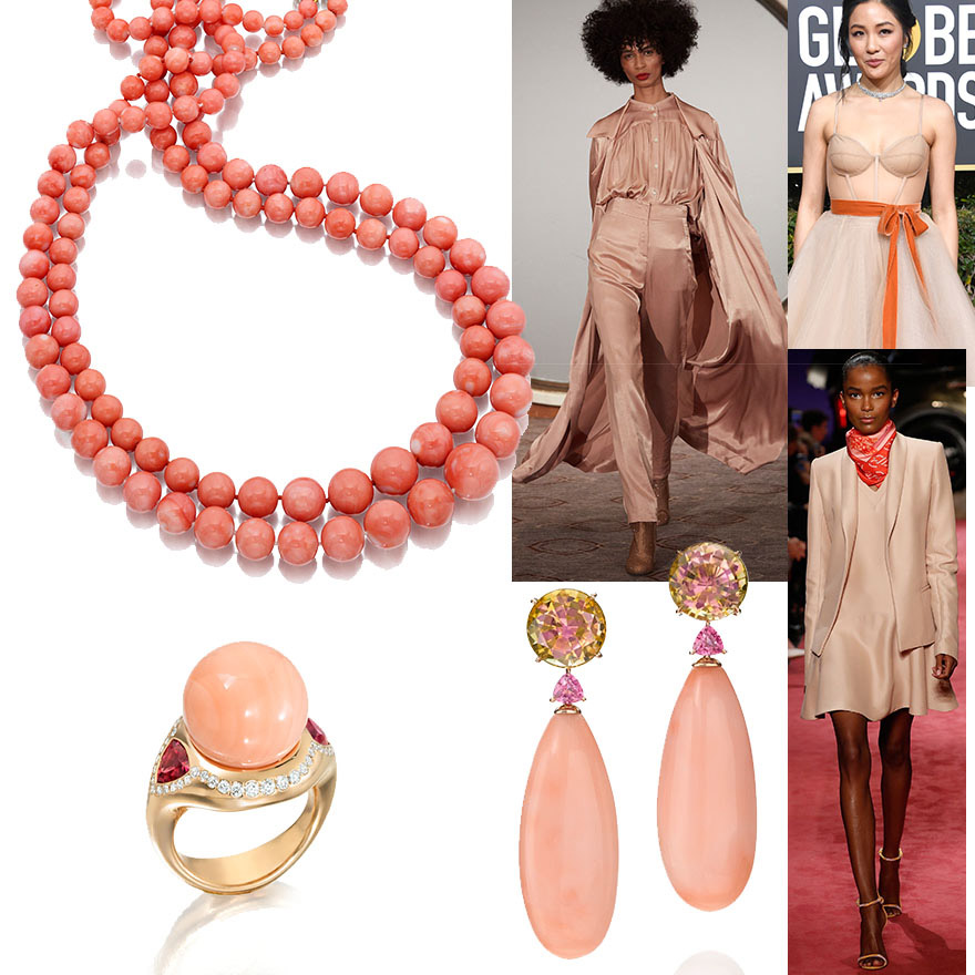 Clockwise from Top Left: Angel Skin Coral Necklaces by Assael; Marcel Ostertag Pre-Fall19; Constance Wu in Vera Wang SS19 at the 2019 Golden Globes; Brandon Maxwell SS19; Assael Angel Skin Coral Earrings with Bicolor Tourmaline and Spinel, and Cocktail Ring with Angel Skin Coral, Red Spinel and Diamonds.