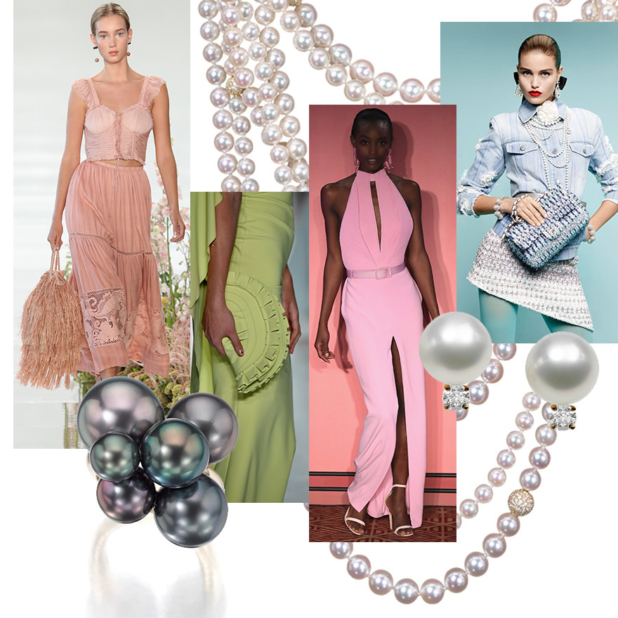 Runway Left to Right: Ulla Johnson; Chiara Boni La Petite Robe: Brandon Maxwell ; Chanel . Jewelry by Assael: Contemporary Tahitian Black Pearl Bubble Ring by Sean Gilson for Assael; Contemporary South Sea Pearl “Moonlight” Necklace; Essentials Akoya Pearl Stud Earrings.
