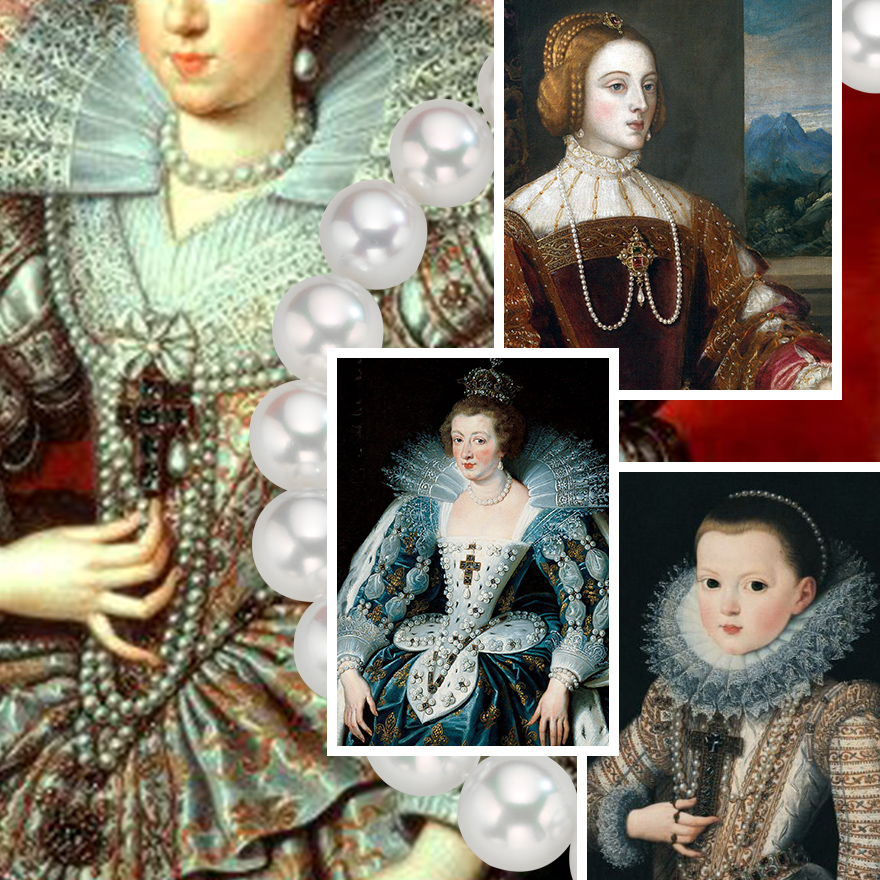 Clockwise from Upper Left – Ana of Austria by Frans the Younger 1616, The Netherlands / Isabella de Aviz, Titian 1548 Prado (Spain) / Ana Mauricia Infanta of Spain as a child (later Queen of France) 1607, Juan Pantoja de la Cruz, Spain / Ana of Austria, Peter Paul Rubens 1625, Belgium