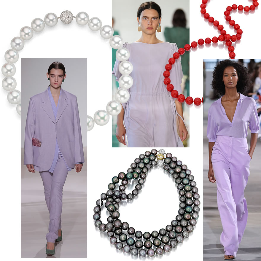 Victoria Beckham; Ulla Johnson; Tibi; Jewelry by Assael: Classic Gem South Sea White Pearl Necklace; Town &amp; County Award-Winning Tahitian Black Pearl Collection; Gem Sardinian Coral Necklace.