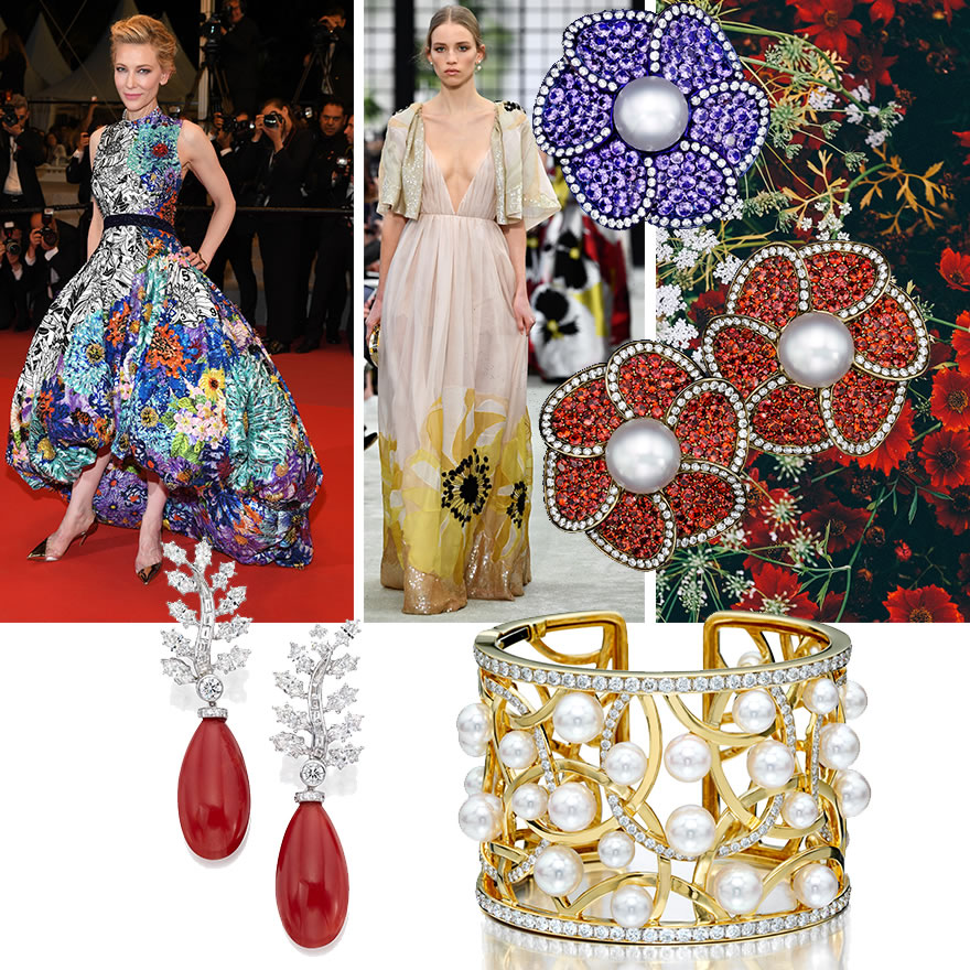 Clockwise from Upper Left: Cate Blanchett in Mary Katrantzou SS/18; Valentino FW/18/19; Assael Flora Collection Earrings and Pendant, Circles Akoya Pearl and Diamond Cuff, Natural Sardinian Coral and Diamond Leaf Earrings.