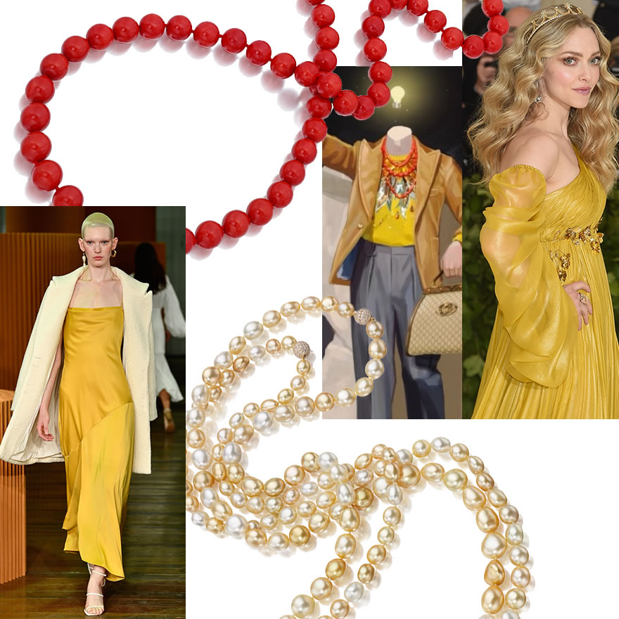 Clockwise from Upper Left: Assael Natural Sardinian Coral 33” Necklace; Gucci S/S18; Amanda Seyfried at The Met Gala in Prada; Golden Keshi Pearl Necklace Coming Soon to Assael.com; C/Meo Collective 2018.