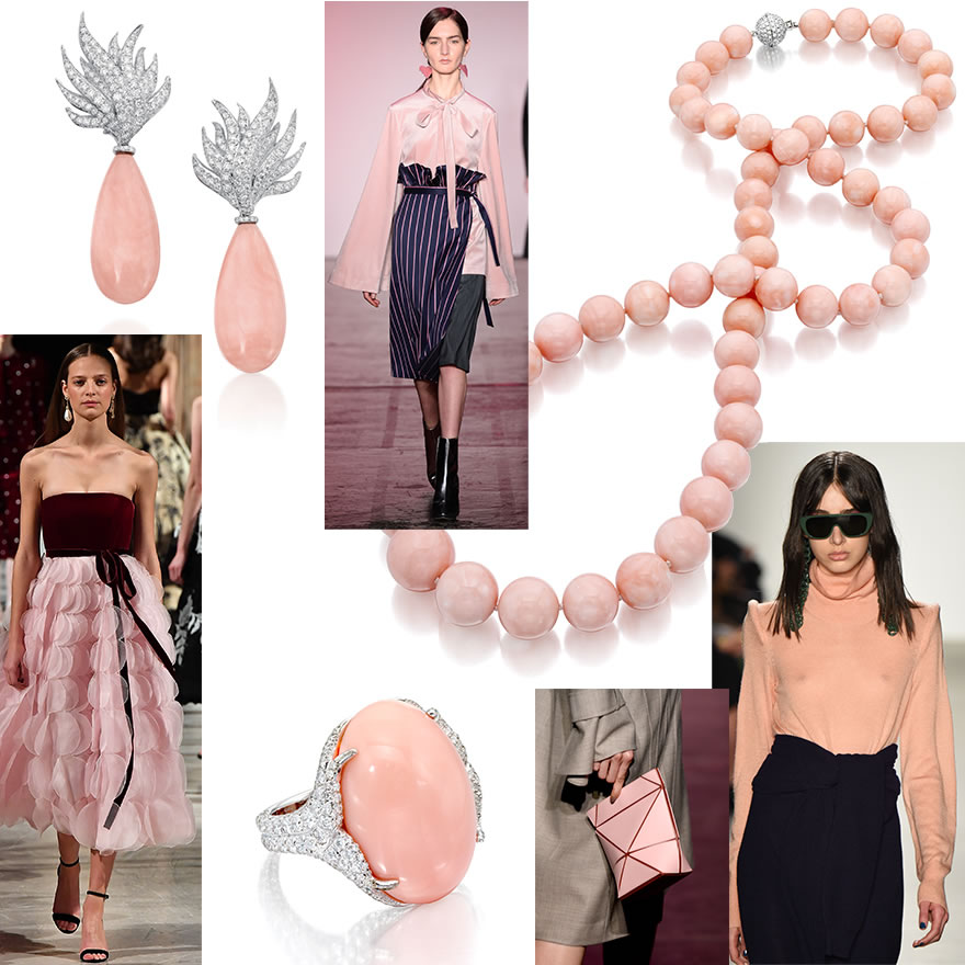 Runway Left to Right: Oscar de la Renta; Lujin Zhang; Lujin Zhang; A. Detacher. Jewelry by Assael: Gem Angel Skin Coral and Diamond “Flame” Earrings; Gem Angel Skin Coral and Diamond Oval Cabochon Ring; Gem Angel Skin Coral 32” Necklace.