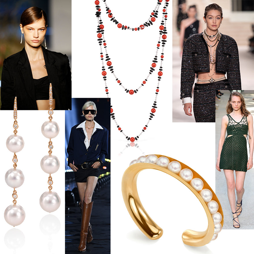 Clockwise from Upper Left – Jason Wu bralette with pearl earrings S/S 2020, Assael Sardinian Coral, Onyx and Black Diamond 63.5” Necklace, Gigi Hadid on Chanel runway Dec 2019, Salvatore Ferragamo S/S 2020, Award-winning Flex bracelet by Sean Gilson for Assael, Saint Laurent hot pants S/S 2020, Assael Triple Drop South Sea Pearl Earrings