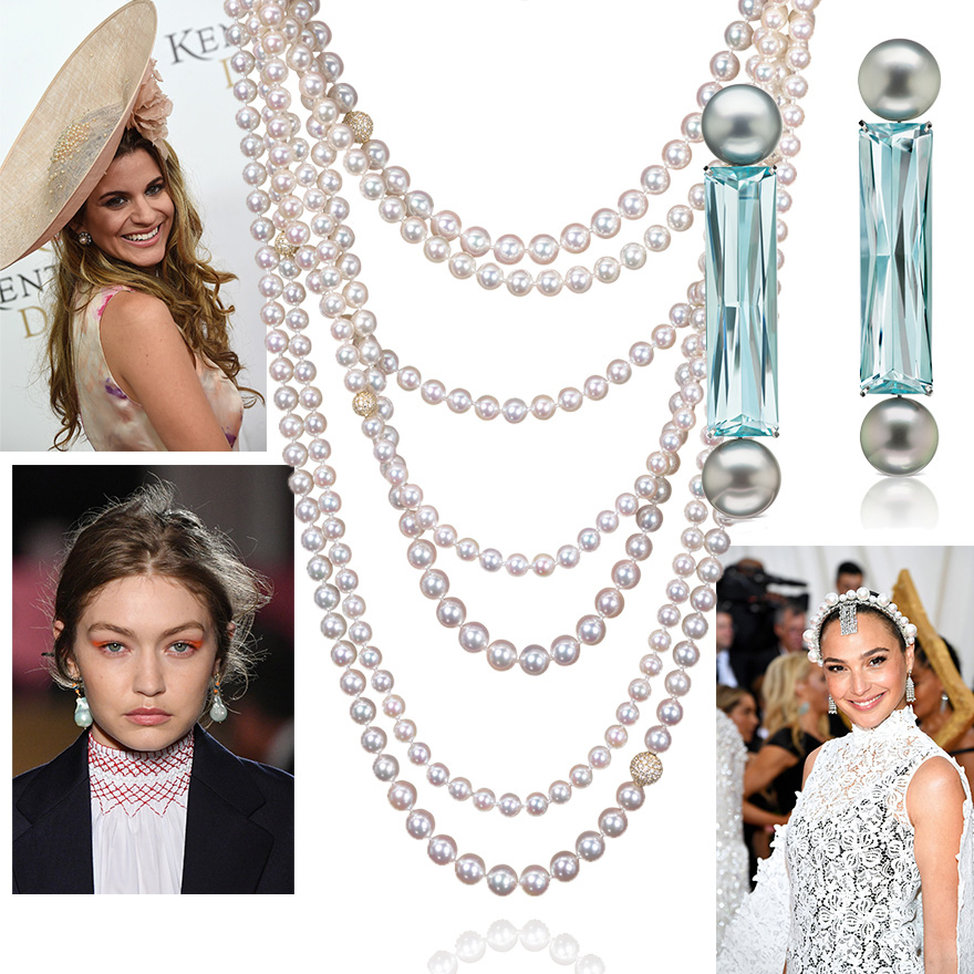 Clockwise from Left - Kentucky Derby style, Assael Sunset 7 Row Pearl Necklace, Assael Aquamarine and Tahitian Pearl Mobile Earrings, Gal Godot at Met Gala, Gigi Hadid on Prada Resort 2020 Runway