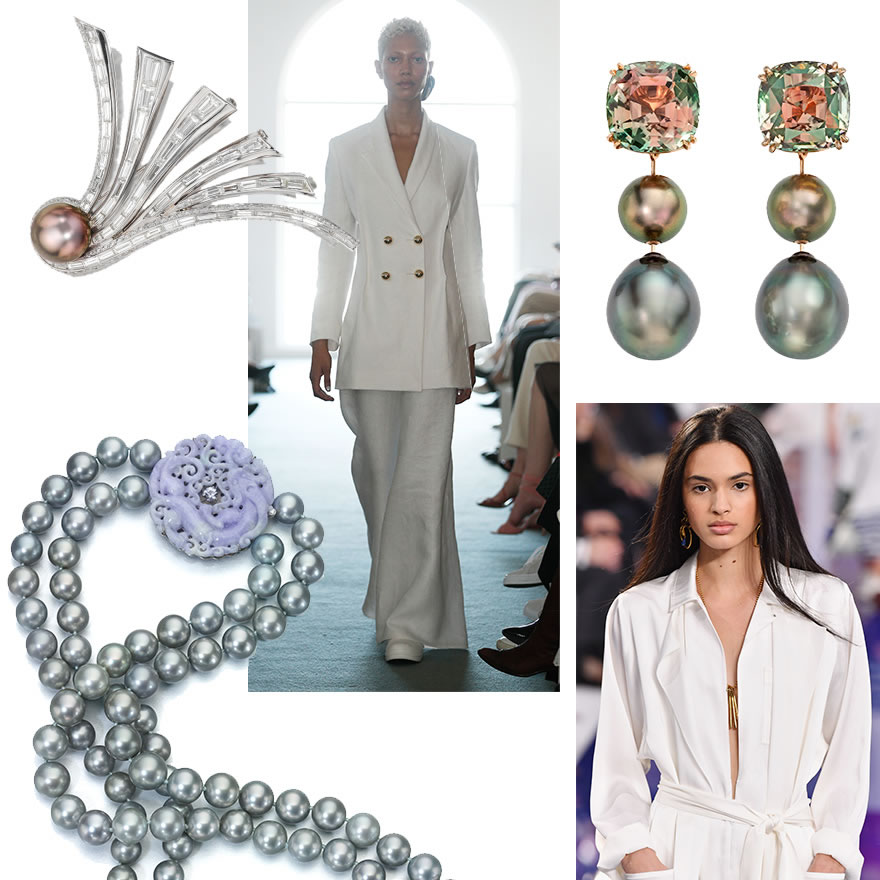 Clockwise from Upper Left:  Assael  Tahitian Pearl Fanfare Brooch; Karla Spetic, Australia Fashion Week, 2018; Assael Tahitian Pearl and Bicolor Tourmaline Earrings; Ralph Lauren, 2018; Assael Tahitian Pearl Necklace with Carved Lavender Jadeite Clasp.