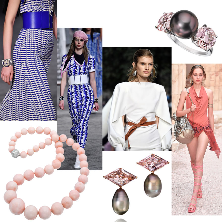 Assael Angel Skin Coral Necklace, Tahitian Pearl and Morganite Drop Earrings, Tahitian Pearl and Morganite Ring. Runway:  Blue & White and Swim, Chanel; White Dress, Louis Vuitton.