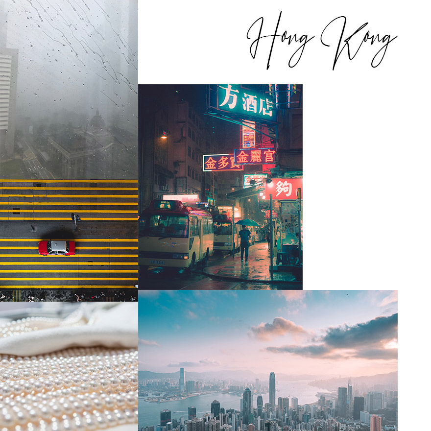 Typhoon Mangkhut outside the hotel window and on the streets of Hong, Bottom - Australian South Sea pearls, aerial view of Hong Kong
