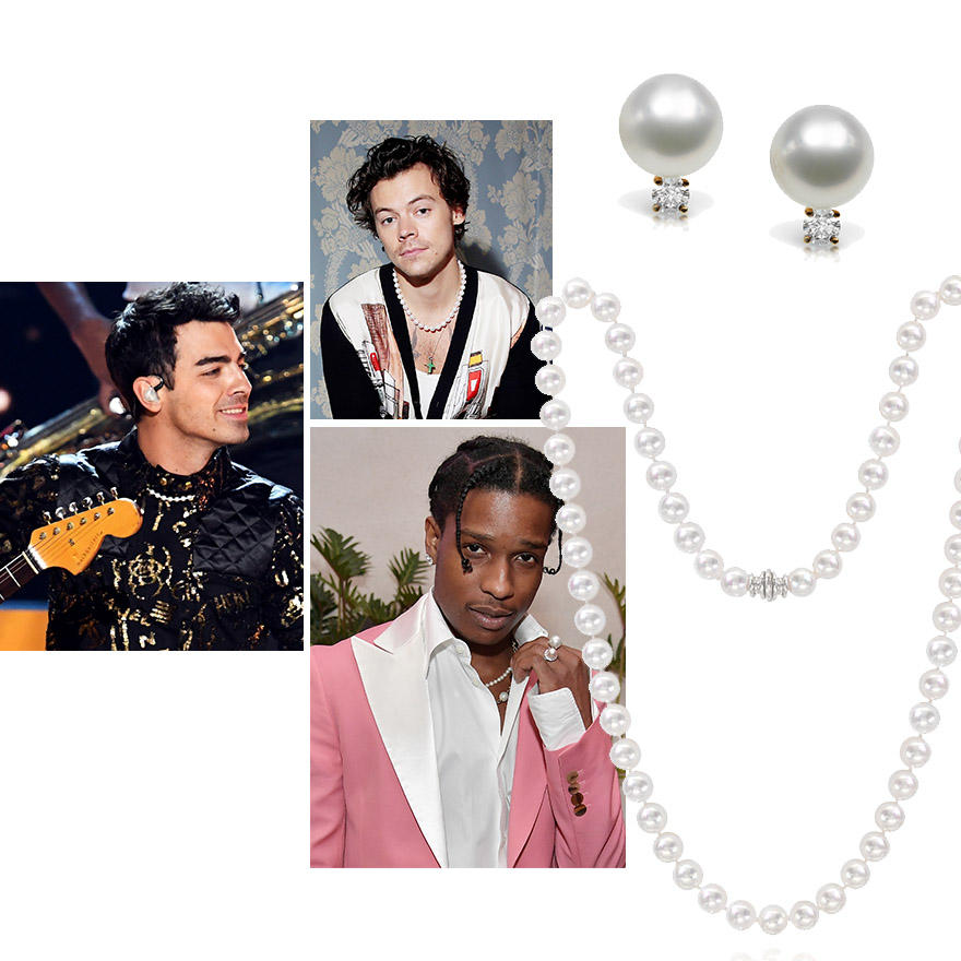 Singer/Songwriter Harry Styles, Assael Classic South Sea Pearl Earrings with Diamonds, Assael Essentials Akoya Pearl Necklace, HipHop Rapper Asap Rocky, Nick Jonas at the Grammys