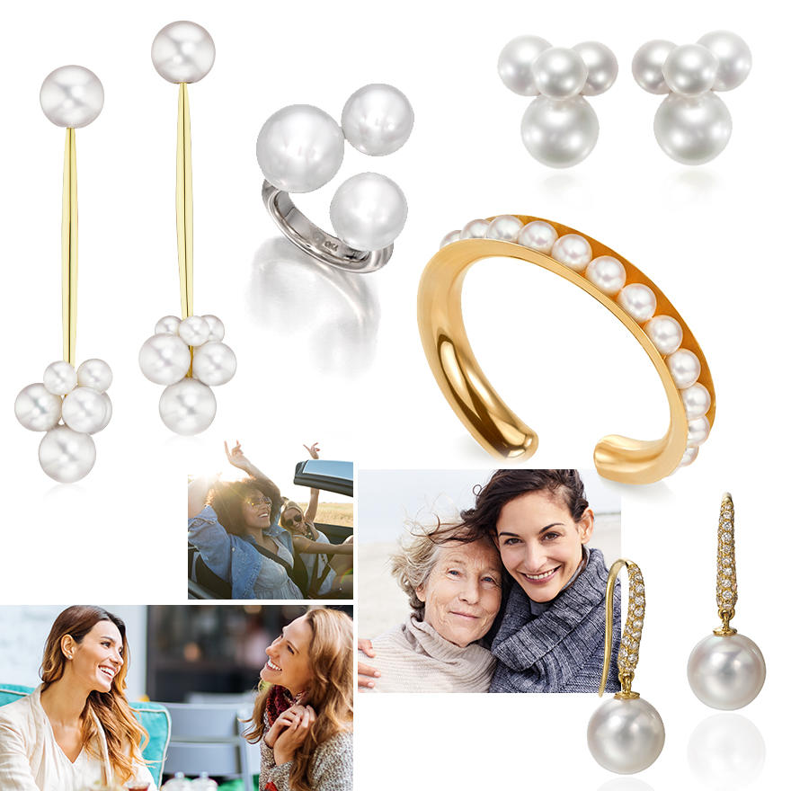 Akoya Pearl Linear Bubble Earrings by Sean Gilson for Assael, Contemporary South Sea Pearl Small Bubble Ring from Sean Gilson for Assael, The Flex Bangle by Sean Gilson for Assael, Assael Essentials Akoya “Violetta” Yellow Gold Earrings with Pave Diamonds, lifestyle images from Getty 