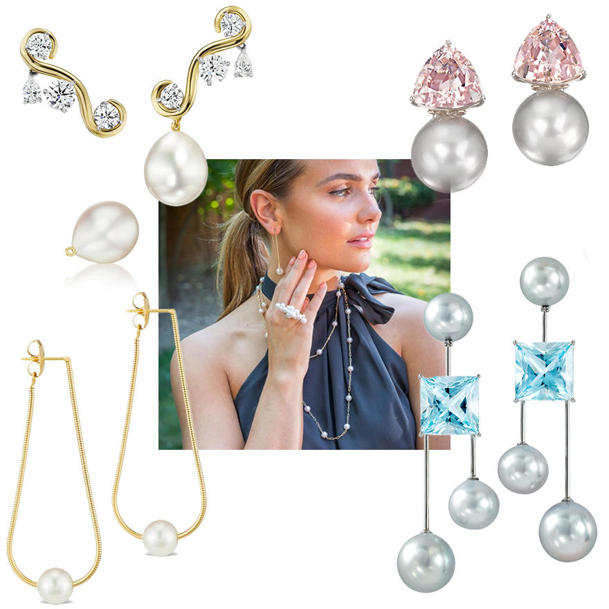 Assael Diamond and Detachable South Sea Pearl Drop Earrings, Assael Tahitian Pearl and Trillion Cut Morganite Earrings, Assael Aquamarine and Tahitian Pearl ‘Mobile’ Earrings, Assael Silk Collection Layerable Chains, Assael Akoya Pearl and Gold Chain Hoop Earrings