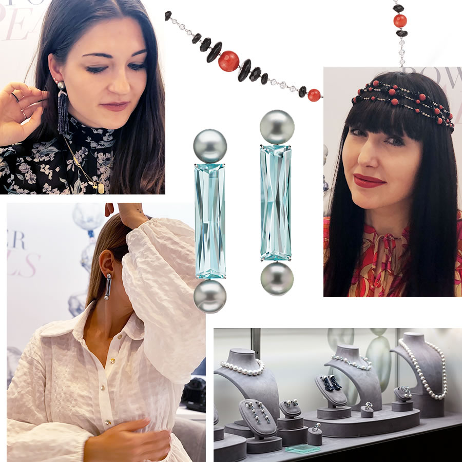 W Magazine editor trying on the new Assael Tahitian Pearl with Color Change Garnet fringe earrings; Assael new Sardinian Precious Coral, Black Onyx and Briolette Diamond chain necklace; @KaterinaPerez sporting the new necklace Cleopatra-style; Assael Power Pearls Booth Display; Silvery Tahitian Pearl and Aquamarine Modern Mobile earrings; @Gemologue Liza Urla striking an exotic pose while wearing the Modern Mobile earrings