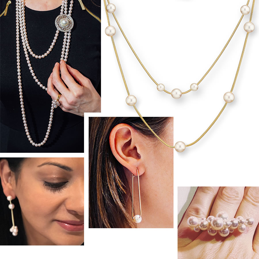 100” Akoya pearl necklace worn with an Assael brooch, new Assael Silk Akoya pearl station chain, new Sean Gilson for Assael Bubble ring, new Silk hoop earrings with Akoya pearl worn by Robb Report and Muse Deputy Editor, Sarah Ansari showing off the new Sean Gilson for Assael Bubble earrings