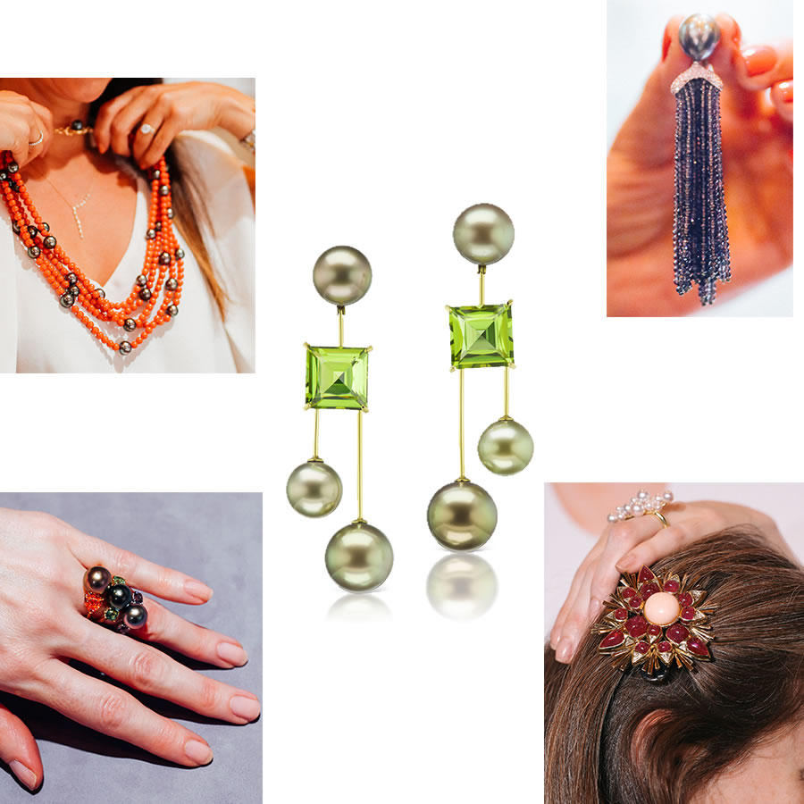 Assael Sardinian Precious Coral and Tahitian Pearl multi-strand necklace; Assael new Modern Mobile earrings featuring a square cut Green Peridot and Fijian Natural Color Cultured Round Pearls; new Assael Tahiitan pearl with Color Change Garnet fringe earrings; new Assael Gold Ruby and Angel Skin Coral floral brooch worn in the hair; Assael Tahitian pearl and gemstone stackable rings