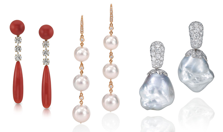Left to Right:  “Capri” Sardinian Coral Drop Earrings,, Triple Drop South Sea Pearl Earrings, Classic South Sea Cultured Baroque Pearl Earrings