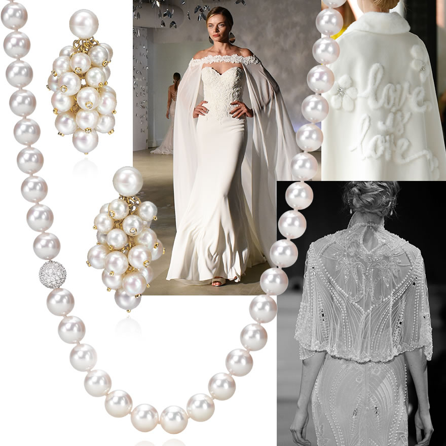 Assael Essentials Akoya Pearl Strand and Cascade cluser Earrings, center - Justin Alexander Bridal, top right - Kenra Professional for Lela Rose Bridal, bottom right - Alon Livné White Bridal