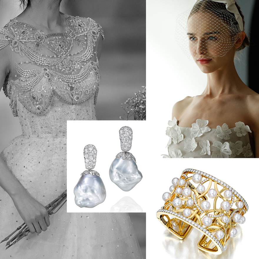 Captions: Left - Naeem Khan Bridal, Right - Kenra Professional for Lela Rose Bridal, Assael gem South Sea baroque pearl and diamond earrings, Assael Akoya pearl and diamond cuff bracelet set in 18K yellow gold.