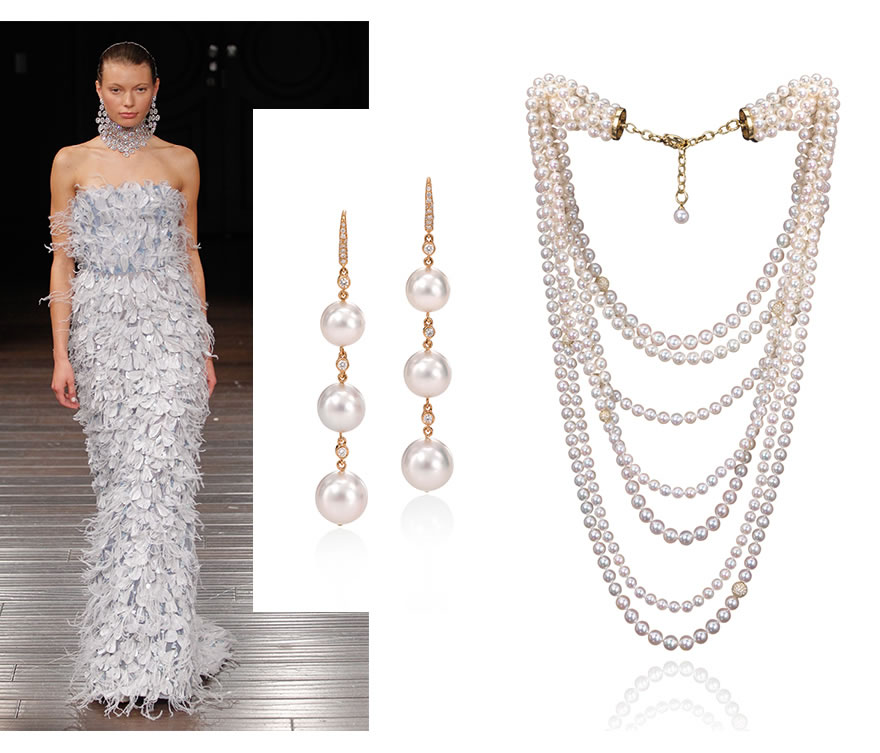 Reem Acra Bridal, Assael Three Drop Akoya Pearl Earrings with diamonds in 18K yellow gold, Assael Sunrise 7 Row Akoya Pearl necklace.