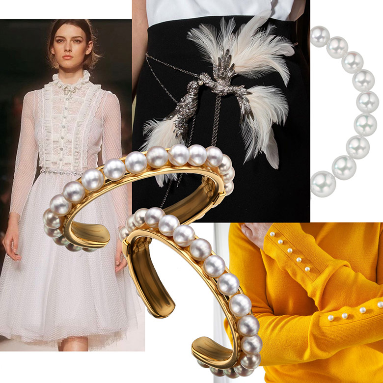 Feathers from @Lanvinofficial, @ Zara Marigold sweater with pearl accents, Lace dress from @PhilosophyOfficial, Assael Akoya Pearl Bangle bracelets