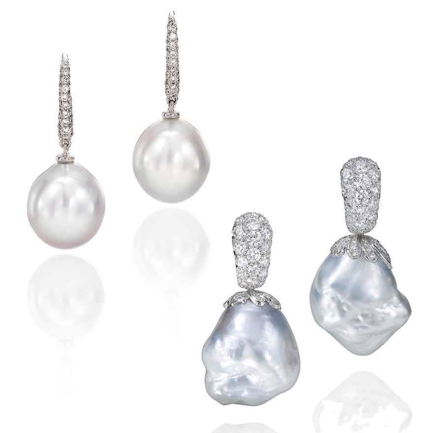 Diamond and baroque pearl drop earrings
